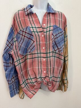 On Blue Shirt Oversized Plaid Button-Down Madras Mixed Media Summer Cover Up M